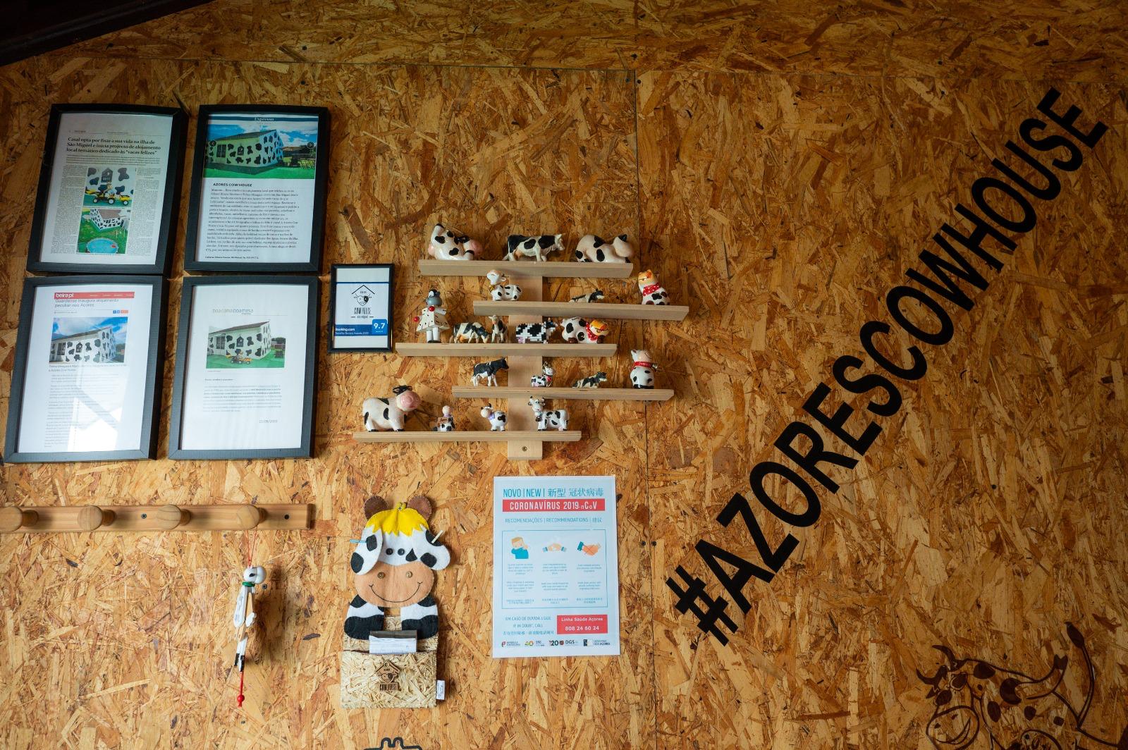 Parede com quadros, vacas em miniatura e a hashtag #azorescowhouse